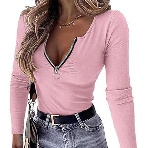 Pink Women’s Sexy Long Sleeve Henley Top – Ribbed Zipper V Neck